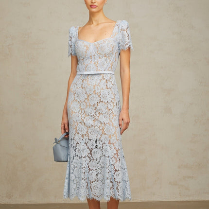 Giselle Blue Floral Lace Midi Dress Sweetheart Neckline Short Sleeves Boned Bodice Belted Waist Scalloped Trim Flared Hem Calf-Length Rear Zip Fastening Half Lined 100% Terylene Fiber