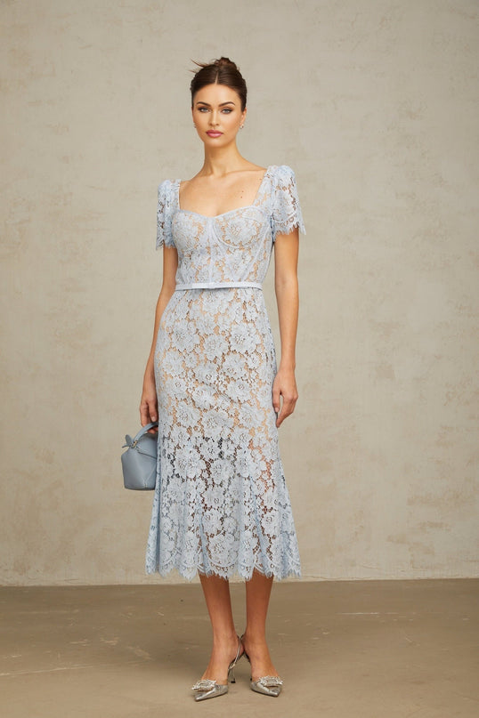 Giselle Blue Floral Lace Midi Dress Sweetheart Neckline Short Sleeves Boned Bodice Belted Waist Scalloped Trim Flared Hem Calf-Length Rear Zip Fastening Half Lined 100% Terylene Fiber