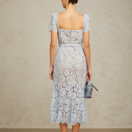 Giselle Blue Floral Lace Midi Dress Sweetheart Neckline Short Sleeves Boned Bodice Belted Waist Scalloped Trim Flared Hem Calf Length Rear Zip Fastening Half Lined Terylene Fiber