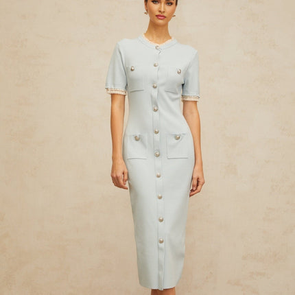 Giselle Blue Knitted Midi Dress with Frilled Neck and Silver Buttons