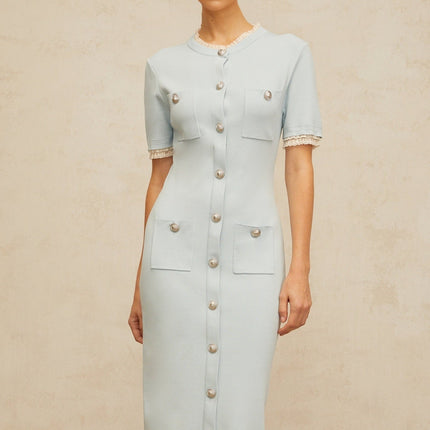 Giselle Blue Knitted Midi Dress with Frilled Neck and Embossed Buttons
