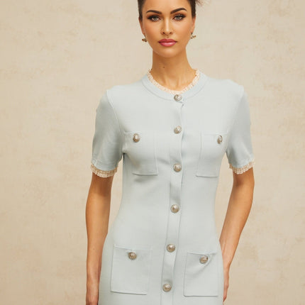 Giselle Blue Knitted Midi Dress with Frilled Neck and Silver Buttons