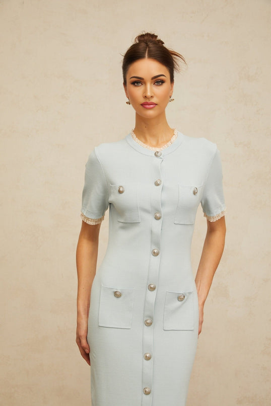 Giselle Blue Knitted Midi Dress with Frilled Neck and Silver Buttons