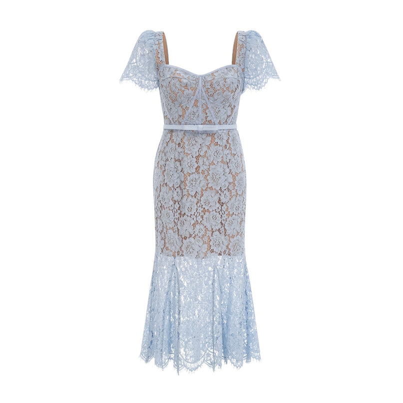 Giselle Blue Lace Midi Dress Sweetheart Neckline Short Sleeves Boned Bodice Belted Waist Scalloped Trim Flared Hem Calf-Length Rear Zip Fastening Half Lined Terylene Fiber