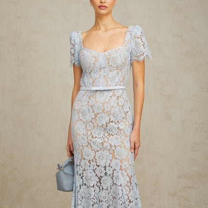 Giselle Blue Lace Midi Dress Sweetheart Neckline Short Sleeves Boned Bodice Belted Waist Scalloped Trim Flared Hem Calf-Length Rear Zip Fastening Half Lined 100% Terylene Fiber