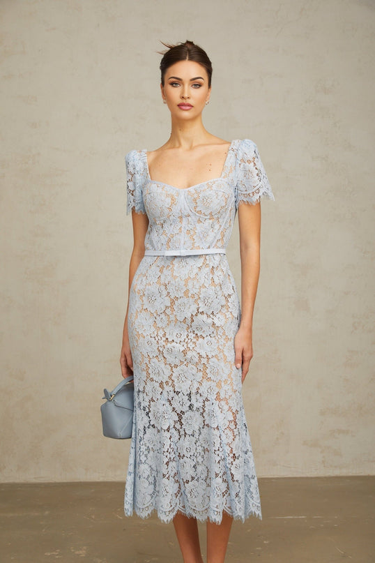 Giselle Blue Lace Midi Dress Sweetheart Neckline Short Sleeves Boned Bodice Belted Waist Scalloped Trim Flared Hem Calf-Length Rear Zip Fastening Half Lined 100% Terylene Fiber