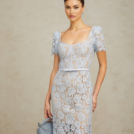 Giselle Blue Lace Midi Dress with Sweetheart Neckline and Belted Waist