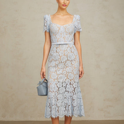 Giselle Blue Lace Midi Dress with Sweetheart Neckline and Flared Hem