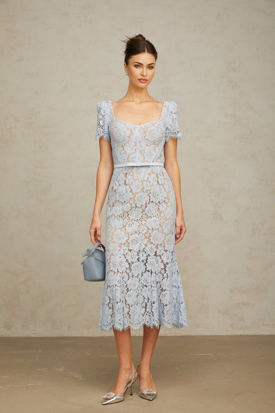 Giselle Blue Lace Midi Dress with Sweetheart Neckline and Flared Hem