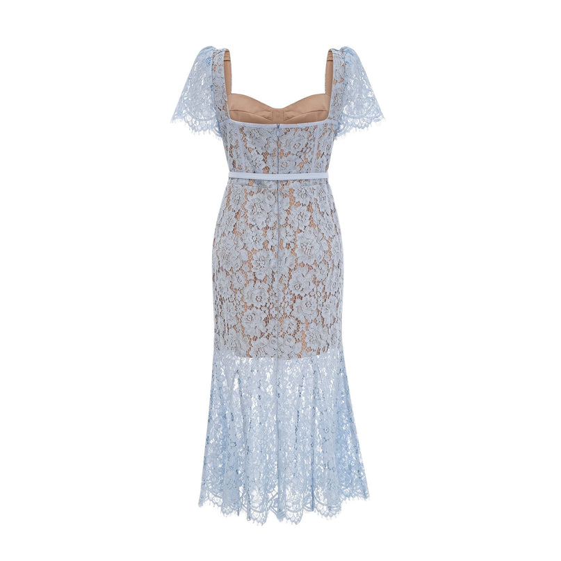 Giselle Blue Lace Midi Dress with Sweetheart Neckline and Belted Waist