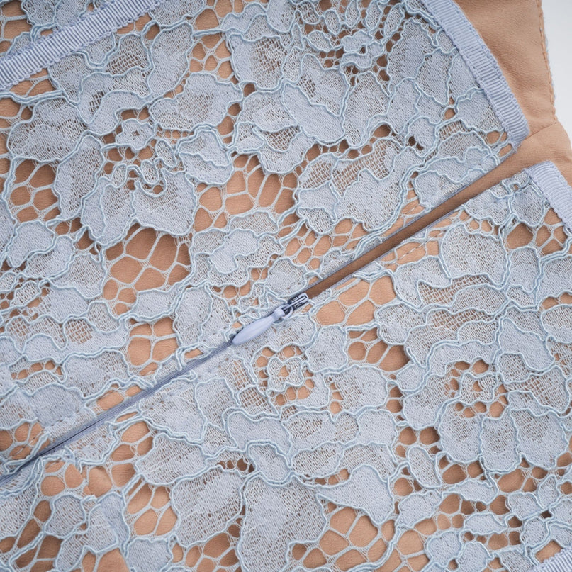 Giselle Blue Lace Midi Dress with Sweetheart Neckline and Scalloped Trim