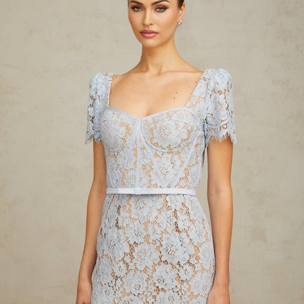 Giselle Blue Lace Midi Dress with Sweetheart Neckline and Flared Hem