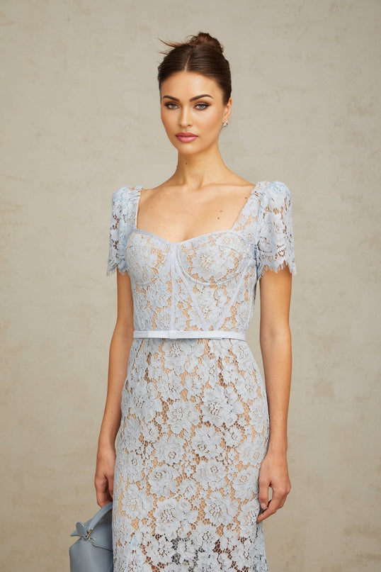 Giselle Blue Lace Midi Dress with Sweetheart Neckline and Flared Hem