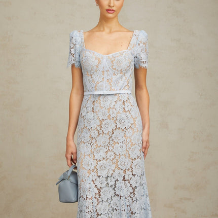 Giselle Blue Lace Midi Dress Sweetheart Neckline Short Sleeves
