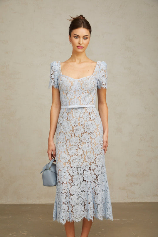 Giselle Blue Lace Midi Dress Sweetheart Neckline Short Sleeves