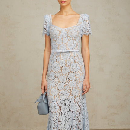 Giselle Blue Lace Midi Dress Sweetheart Neckline Short Sleeves Belted Waist Scalloped Trim Flared Hem Calf-Length Rear Zip Fastening Half Lined 100% Terylene Fiber