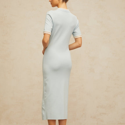 Giselle Blue Midi Dress Knitted Pencil Silhouette Frilled Neck Ruffled Lace Trim Embossed Silver Tone Buttons Patch Pockets Serene Light Blue Hue Calf Length Rayon Nylon Spandex