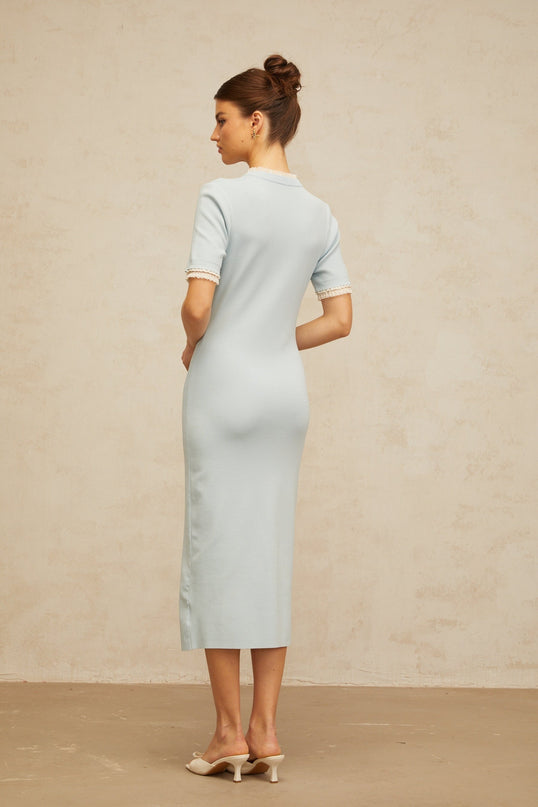 Giselle Blue Midi Dress Knitted Pencil Silhouette Frilled Neck Ruffled Lace Trim Embossed Silver Tone Buttons Patch Pockets Serene Light Blue Hue Calf Length Rayon Nylon Spandex