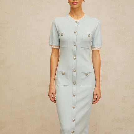 Giselle Blue Midi Dress with Frilled Neck and Silver Buttons