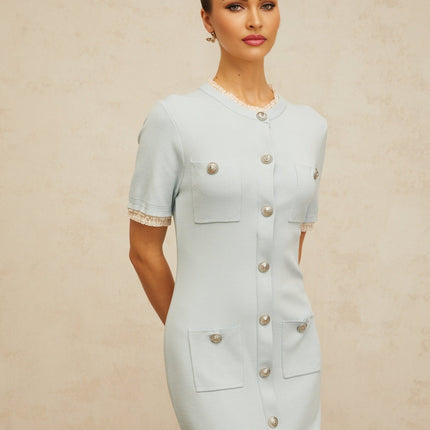 Giselle Blue Knitted Midi Dress with Frilled Neck and Silver Buttons