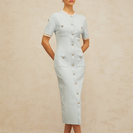 Giselle Blue Knitted Midi Dress with Frilled Neck and Embossed Buttons