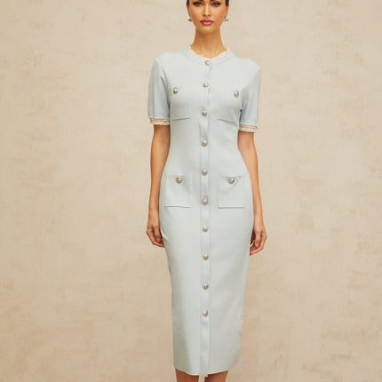 Giselle Midi Dress in Blue Knitted Pencil Silhouette Frilled Neck Ruffled-Lace Trim Silver-tone Buttons Patch Pockets Calf Length