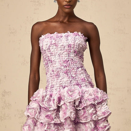 Giselle Mini Dress in Purple with 3D-petal detailing and tiered skirt