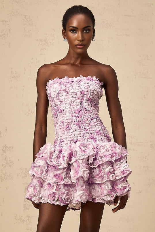 Giselle Mini Dress in Purple with 3D-petal detailing and tiered skirt