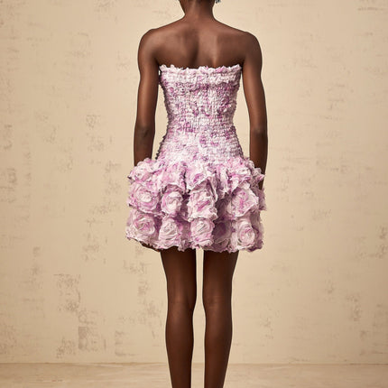 Giselle Mini Dress in Purple with 3D-petal detailing and tiered skirt