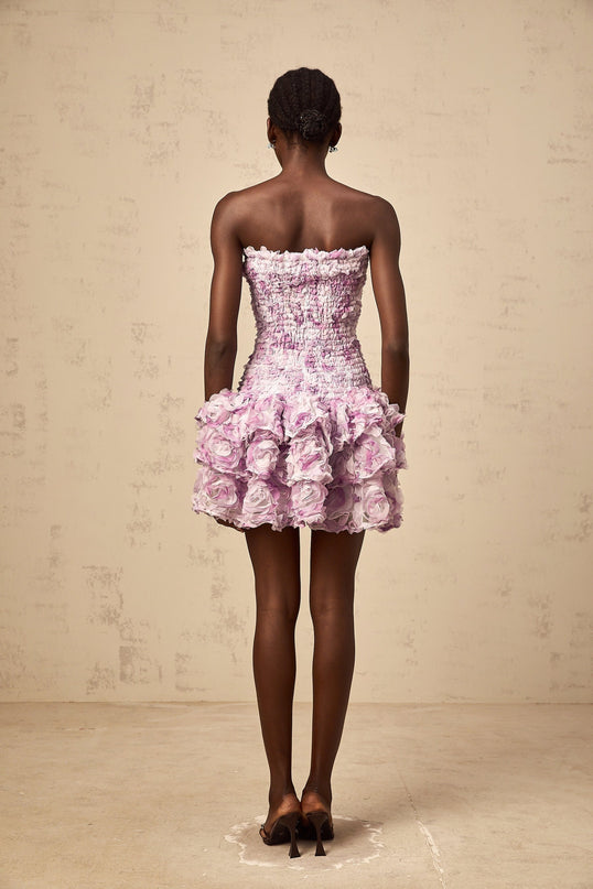 Giselle Mini Dress in Purple with 3D-petal detailing and tiered skirt