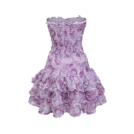 Giselle Mini Dress in Purple with 3D-petal detailing and tiered skirt