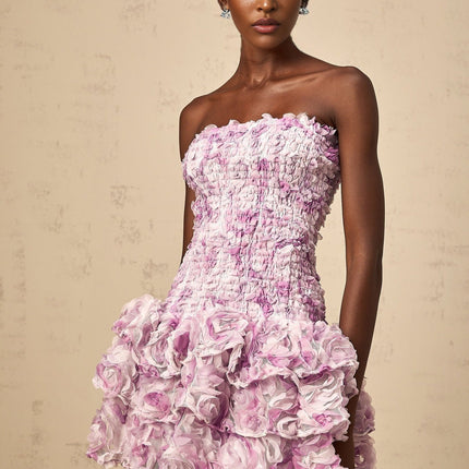 Giselle Mini Dress in Purple with 3D-petal detailing and tiered skirt