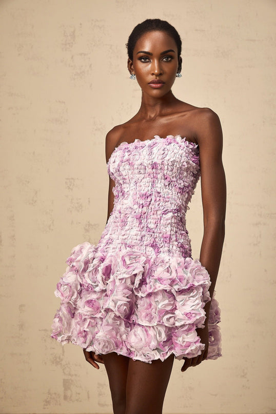 Giselle Mini Dress in Purple with 3D-petal detailing and tiered skirt