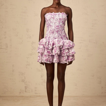 Giselle Mini Dress in Purple with 3D-petal detailing and tiered skirt