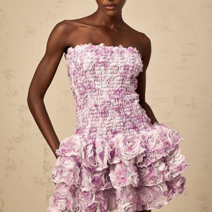 Giselle Mini Dress in Purple with 3D-petal detailing and tiered skirt