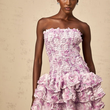 Giselle Mini Dress in Purple with 3D-petal detailing and tiered skirt