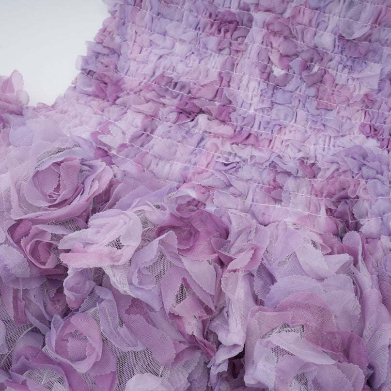 Giselle Mini Dress in Purple with 3D-petal detailing and tiered skirt