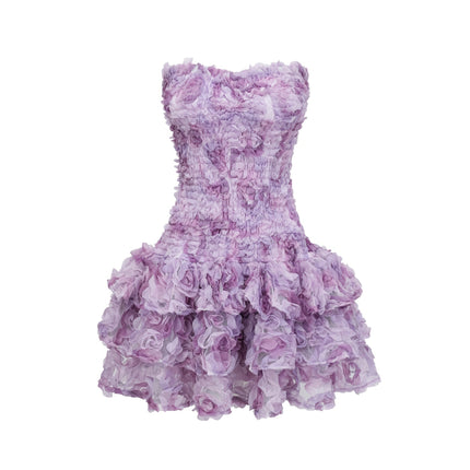 Giselle Mini Dress in Purple off-the-shoulder sleeveless 3D-petal tulle tiered skirt smocked panel thigh-length luxurious Terylene fiber