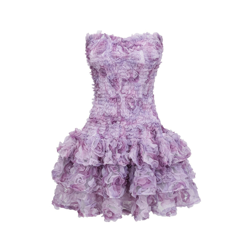 Giselle Mini Dress in Purple off-the-shoulder sleeveless 3D-petal tulle tiered skirt smocked panel thigh-length luxurious Terylene fiber