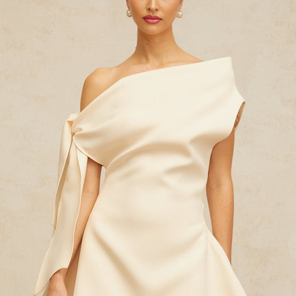 Giselle Mini Dress Ribbon Flared Hem Cream White Sleeveless Cinched Waist Self-Tie Ribbon Detail Shirred Panel Flared Skirt Thigh Length Side Zip Fastening