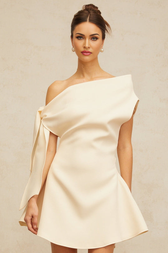 Giselle Mini Dress Ribbon Flared Hem Cream White Sleeveless Cinched Waist Self-Tie Ribbon Detail Shirred Panel Flared Skirt Thigh Length Side Zip Fastening