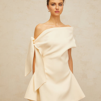 Giselle Mini Dress Ribbon Flared Hem in Cream White with Mono Shoulder Design