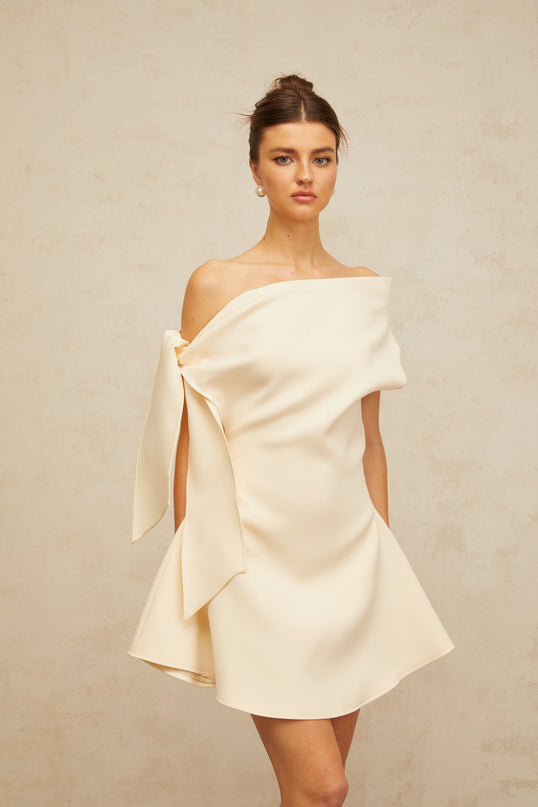 Giselle Mini Dress Ribbon Flared Hem in Cream White with Mono Shoulder Design