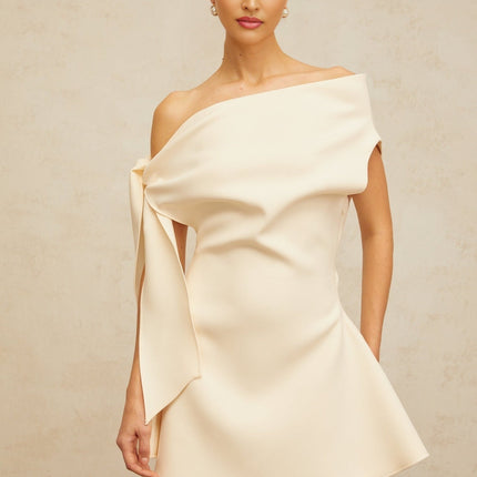 Giselle Mini Dress Ribbon Flared Hem Cream White Mono Shoulder Sleeveless Cinched Waist Self-Tie Ribbon Shirred Panel Flared Skirt Curved Hem Side Zip Fastening Thigh Length Terylene Rayon Spandex