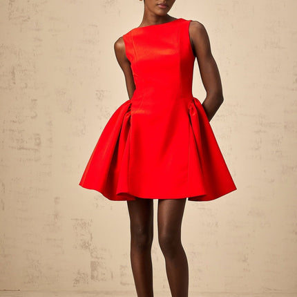 Giselle Red Mini Dress Sleeveless Bateau Neck Flared Skirt