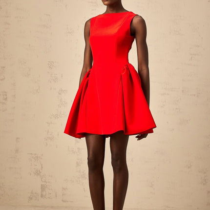 Giselle Red Mini Dress Sleeveless Flared Skirt Fitted Waist Ruched Detailing