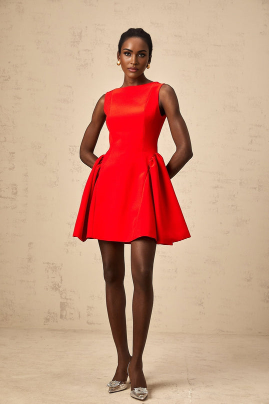 Giselle Red Mini Dress Sleeveless Bateau Neck Flared Skirt