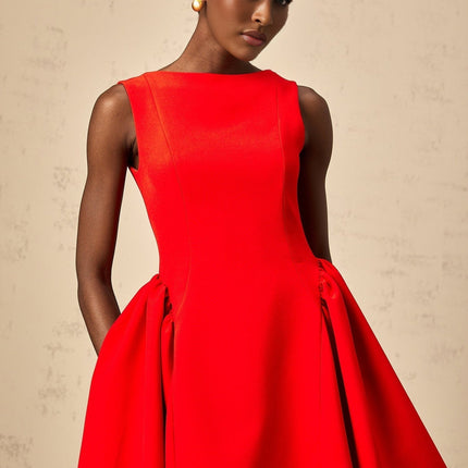 Giselle Red Mini Dress Sleeveless Flared Skirt Fitted Waist Ruched Detailing Scoop Back Bateau Neck