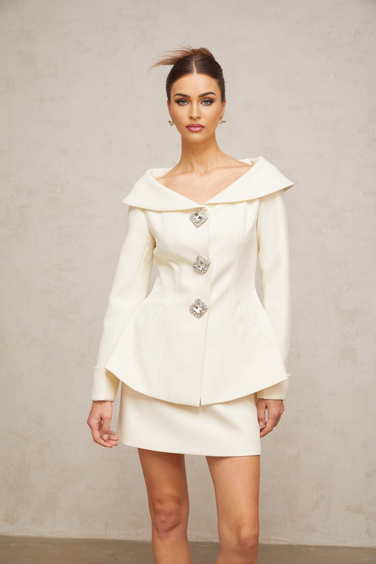 Giselle White Crystal Embellished Jacket Skirt Set