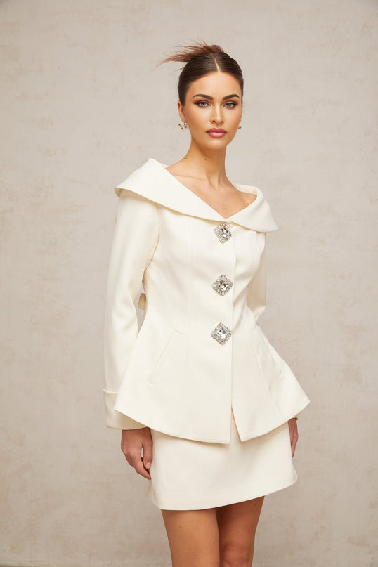Giselle White Crystal Embellished Jacket Skirt Set